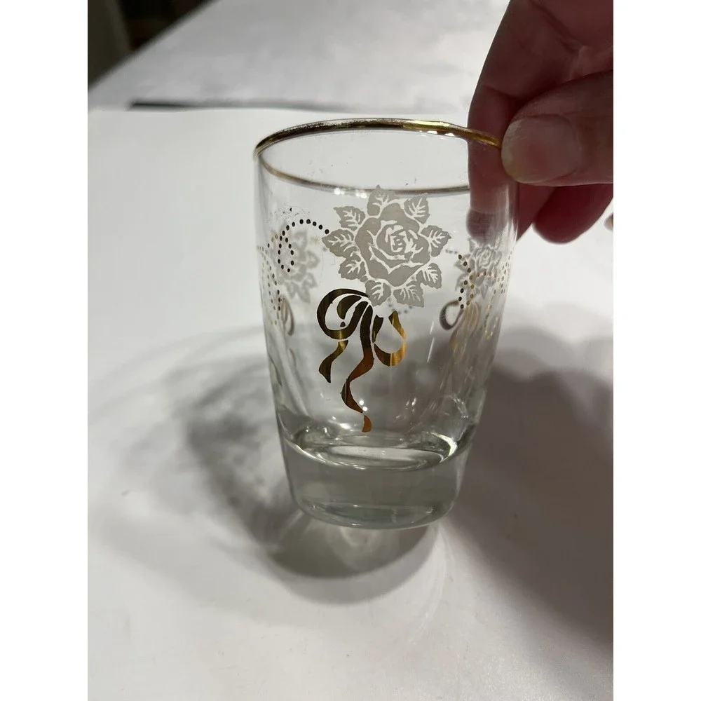 8 Vintage LIBBEY WHITE gold floral Juice GLASSES, 5 oz, flared